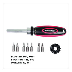 Great Neck Ratcheting Screw/Nut Driver Set, Phillips/Slotted/Star Bits, 7" Long, Black/Red (GNS950DE)