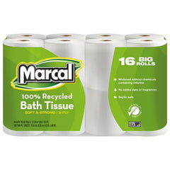 Marcal 100% Recycled 2-Ply Bath Tissue, Septic Safe, White, 168 Sheets/Roll, 16 Rolls/Pack (MRC1646616PK)